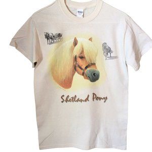 T Shirt Shetland Pony Horse Gildan Brand Size Unisex Small Natural NEW NWOT S